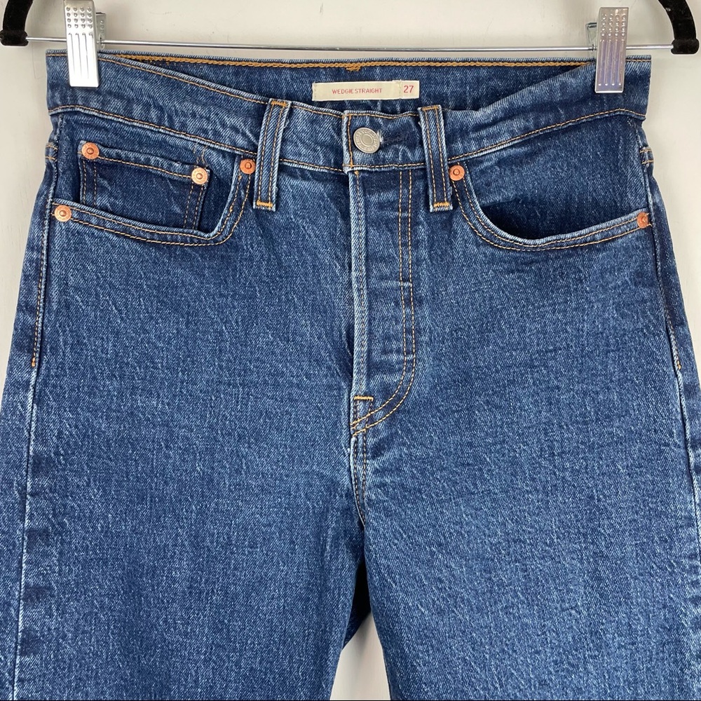 Levi’s Premium Wedgie Straight Jeans Blue Raw Hem Button Fly Sz 27 Dark Wash - Picture 4 of 13